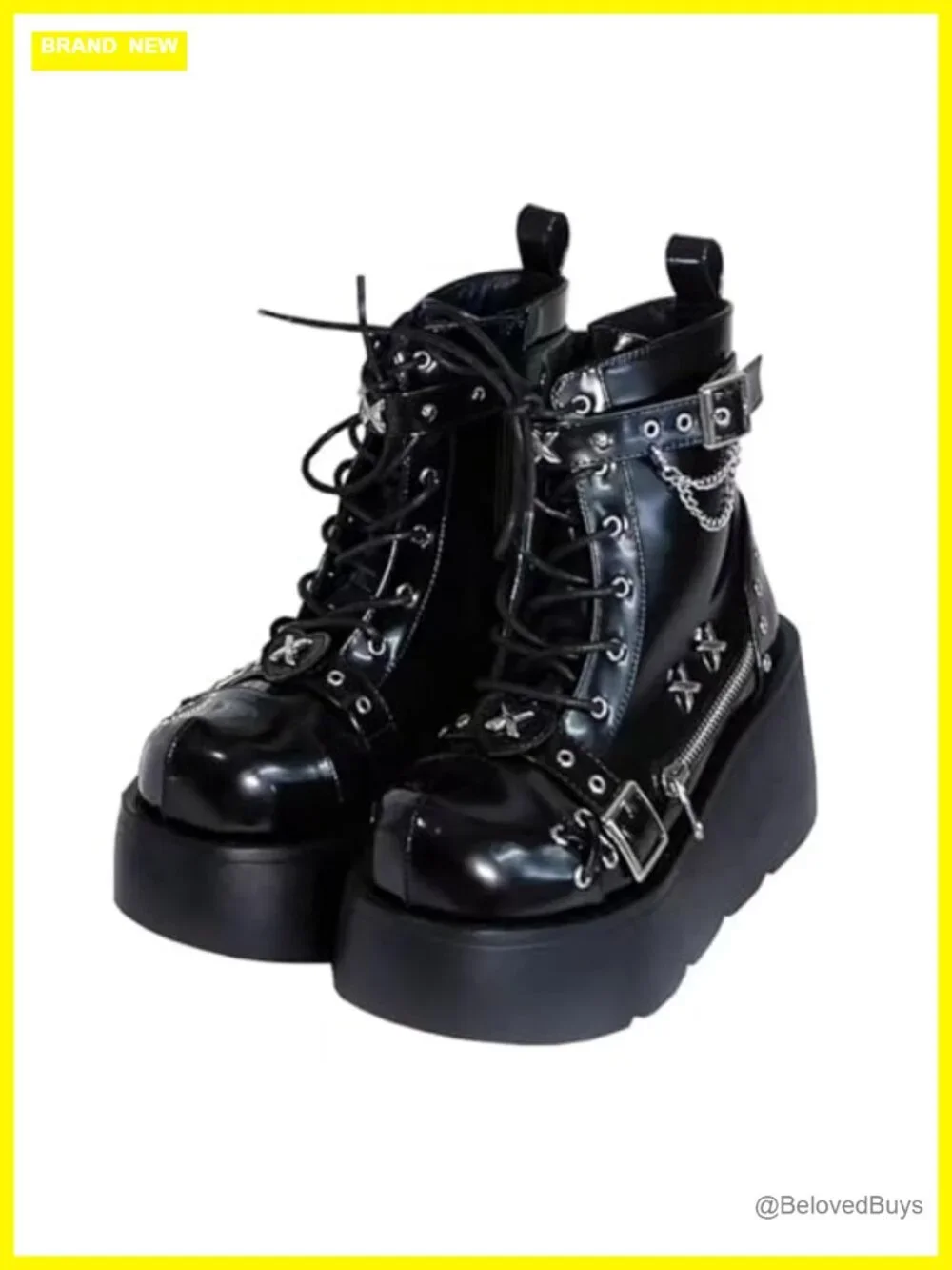 Goth Platform Ankle Boots with Bat Wing Buckles Chunky Block Heels Punk Combat